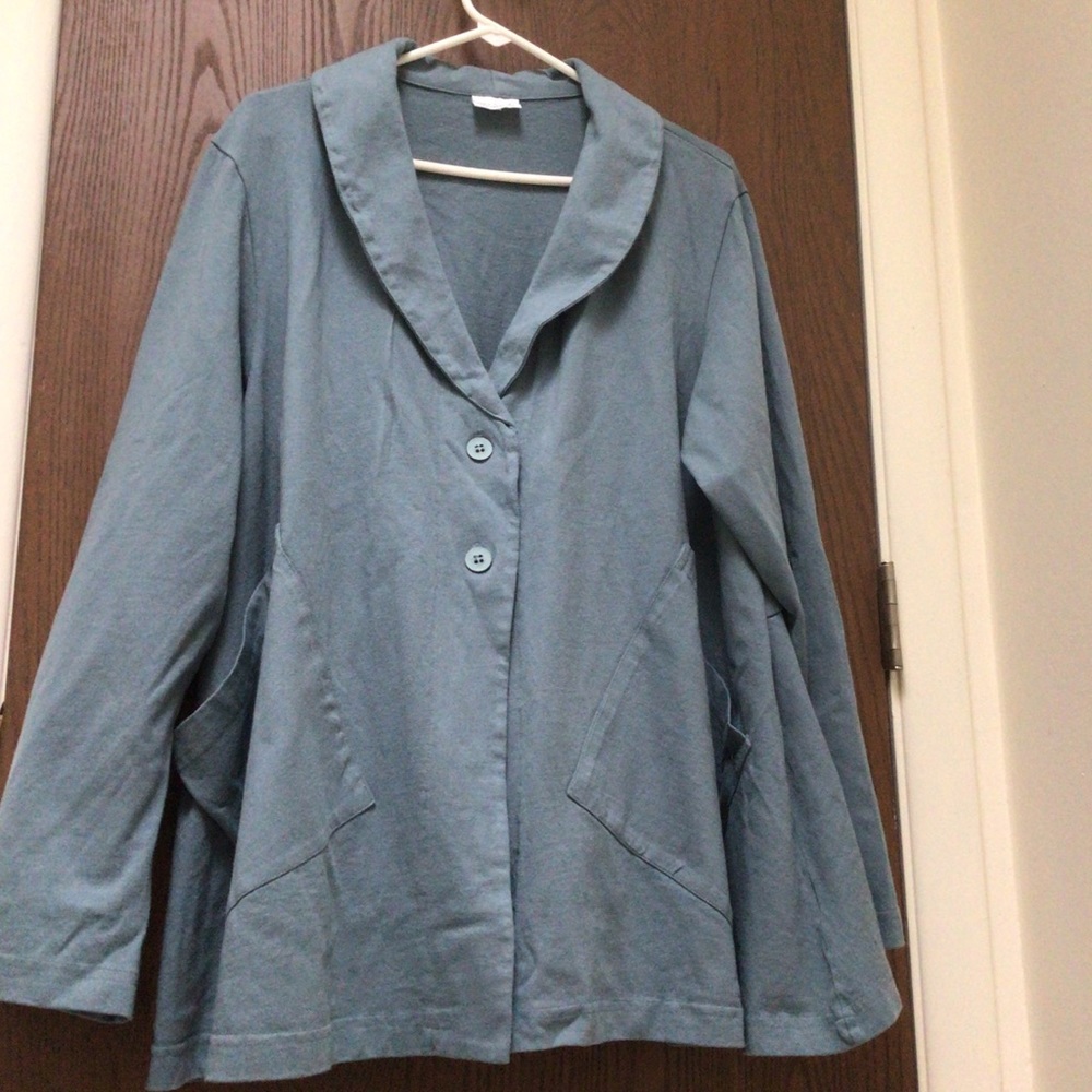 bryn Walker Dusty Blue Women's shawl collar jacket.